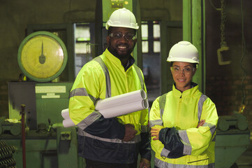Portrait Latin America woman engineer with African American engineer holding paper work at lathe factory