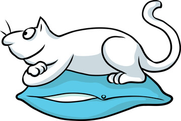 Niedliche weiße Katze liegt gemütlich auf einem Kissen