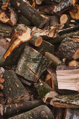                                chopped firewood. A pile of logs. Trees has been cut and split into firewood to be used as fuel for heating in fireplaces and furnaces
