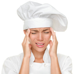 Chef headache and stress at work. Woman baker, chef or cook tired stressed and overworked with...