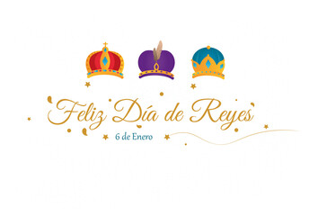 Feliz Día de Reyes - happy epiphany written in Spanish.Wreath of the Three Wise Men on blue background and stars in the background.