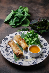  Deep-fried spring roll in rice paper served with mango sauce on a dark background