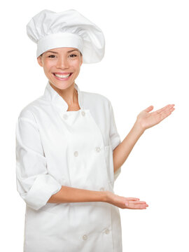 Cook or chef showing and presenting. Woman chef isolated cutout PNG on transparent background. Caucasian Asian model.