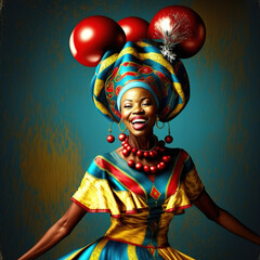 Fictional illustration, young african woman with christmas decorations
