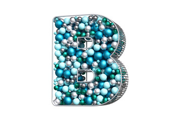 Render 3D Christmas typography of silver, blue and teal christmas baubles floating in a silvery structure. Beautiful letter B with three-dimensional effect. High quality 3D illustration.