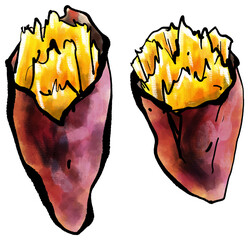 「焼き芋・baked sweet potato」の手書きイラスト（筆書き墨絵風）
