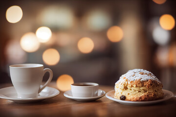 Closeup delicious English scones on a white plate, background in a cafe, bokeh light, laid back relaxed atmosphere, tea time, breakfast.	  - obrazy, fototapety, plakaty