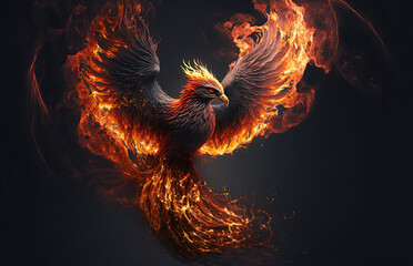 Illustration of a phoenix in fire. Symbol of rebirth. Fenix with burning wings and feathers. Firebird on black background. Generative AI - obrazy, fototapety, plakaty