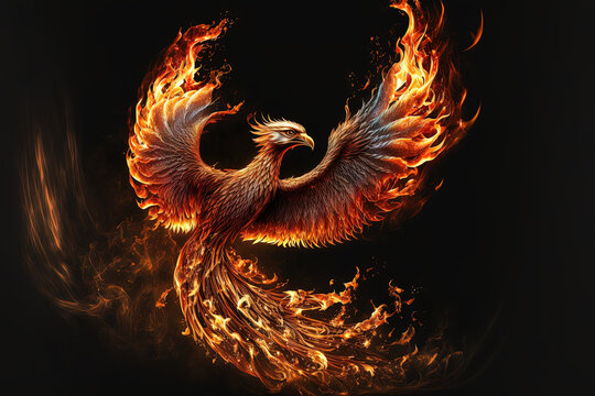 Phoenix with burning wings and tail. Mythological symbol of rebirth. Fantasy firebird. Generative AI