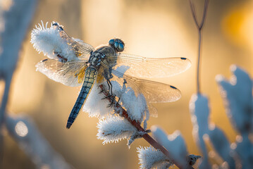 Morning sunshine illuminates a dragonfly perched on a branch. a region in western Siberia. russia Generative AI