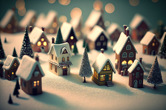 Mini Christmas Village With Cute Little Houses. Miniature European Town. Ceramic City. Generative AI