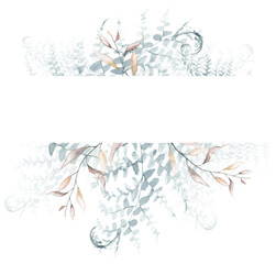 Watercolor painted floral border frame. Arrangement with branches, leaves and blue fern. Cut out hand drawn PNG illustration on transparent background. Watercolour isolated clipart drawing.