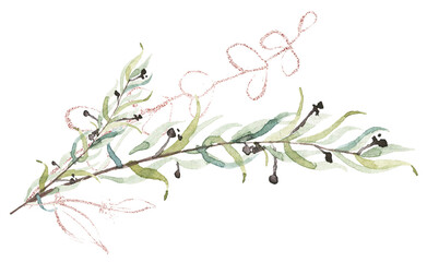 Watercolor painted floral bouquet. Arrangement with branches, leaves, pink golden graphic elements. Cut out hand drawn PNG illustration on transparent background. Watercolour isolated clipart drawing.