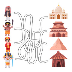 finding way maze illustration of character from many country and its home landmark