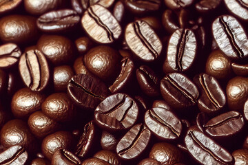 Dunkle frisch geröstete Kaffeebohnen in der Ansicht von oben, Hintergrund Generative AI