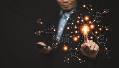 Businessman scan fingerprint for Digital transformation technology strategy, AI transformation of ideas and the adoption of technology in business in the digital age, enhancing