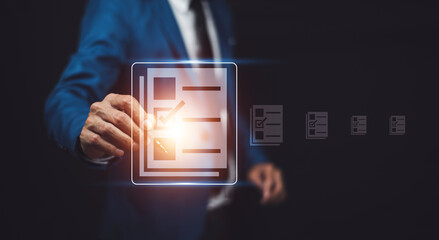 Documents management information system concept, Businessman using visual screen internet for Documents management information system and ERP program data directory in company, ERP document management © Suriyo