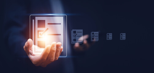 Documents management information system concept, Businessman using visual screen internet for Documents management information system and ERP program data directory in company, ERP document management © Suriyo