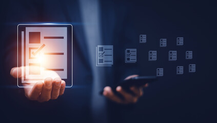 Documents management information system concept, Businessman using visual screen internet for Documents management information system and ERP program data directory in company, ERP document management © Suriyo