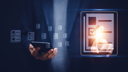 Documents management information system concept, Businessman using visual screen internet for Documents management information system and ERP program data directory in company, ERP document management © Suriyo