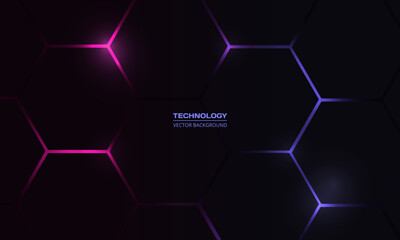 Dark hexagon abstract technology background with pink and blue colored bright flashes under hexagon. Hexagonal gaming vector abstract tech background. © Biod