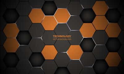 Orange and dark brown hexagonal technology abstract vector background. White energy flashes under hexagon in futuristic modern technology background vector illustration. Dark honeycomb texture grid.