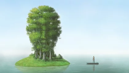 Fotobehang Concept art of environment, life, nature, spiritual, ecology, brain, mental health, tranquility, calm, peaceful and hope. Conceptual artwork. surreal landscape painting. The forest of human head. © Jorm Sangsorn
