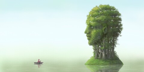 Fototapeta premium Concept art of environment, life, nature, spiritual, ecology, brain, mental health, tranquility, calm, peaceful and hope. Conceptual artwork. surreal landscape painting. The forest of human head.