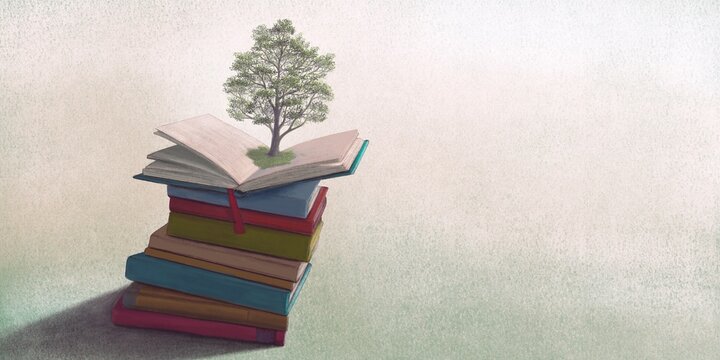 Books of life and a tree. Concept art of education, learning, reading, wisdom, study, school and imagination. creative backgrond, 3d illustration. Surreal artwork. Conceptual drawing.