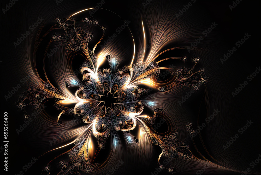 Poster an abstract fractal pattern of light and dark on a black backdrop generative ai