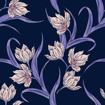 Seamless floral vector pattern with pink tulips with purple leaves on dark blue background.