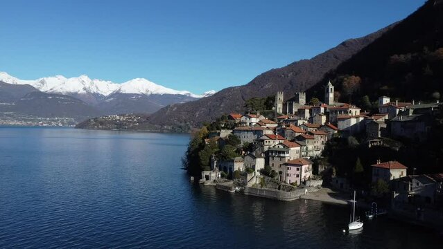 Aerial view of Corenno Plinio a village on Lake Como