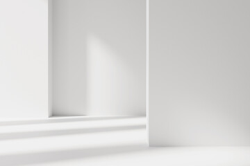 Close up abstract white empty room interior design. 3d render illustration with soft shadows. Abstract minimal architectural white walls background.3d illustration