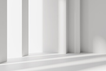 White sunny bright room conceptual design 3d banner background. Abstract minimal architectural background space. White columns with soft side shadows. 3d rendering illustration