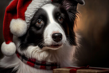 Cute borde collie dog with Santa hat and Christmas presents