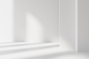 Sunny bright white room digital design 3d podium background. Abstract minimal architectural background space.White wall columns with soft shadows. 3d rendering illustration