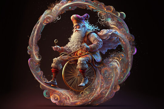 fantasy magic Santa Claus riding a unicycle and fective Christmas elements,Generative AI.