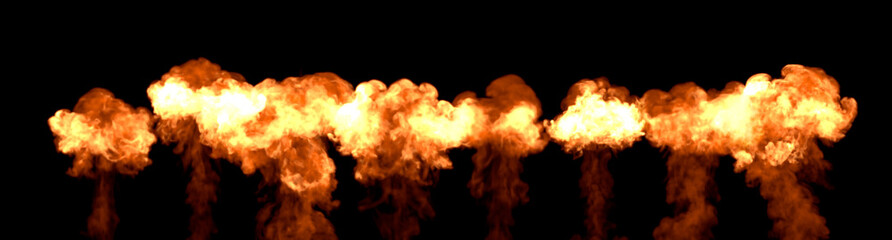 Series of powerful bangs with flames, isolated - object 3D rendering