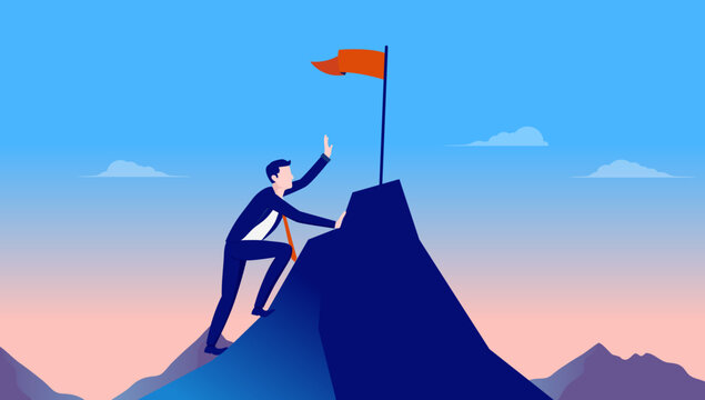 Working Your Way Up - Businessman Climbing Up Mountain Trying To Reach The Goal On Top. Motivational Concept, Flat Design Vector Illustration