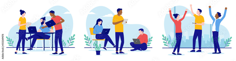 Fototapete teamwork vector illustrations - set of people working in small teams in office with computers. vecto