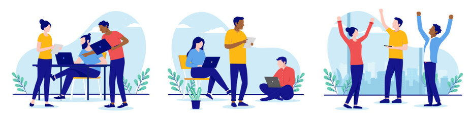 Teamwork vector illustrations - Set of people working in small teams in office with computers. Vector illustration collection with white background