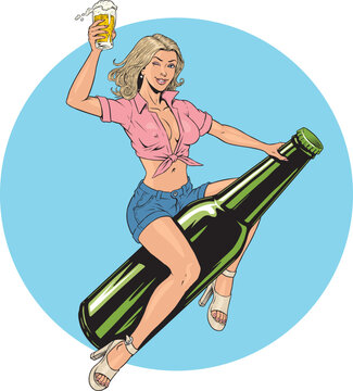 Pinup pretty woman riding a beer bottle isolated and holding a beer pint vector illustration