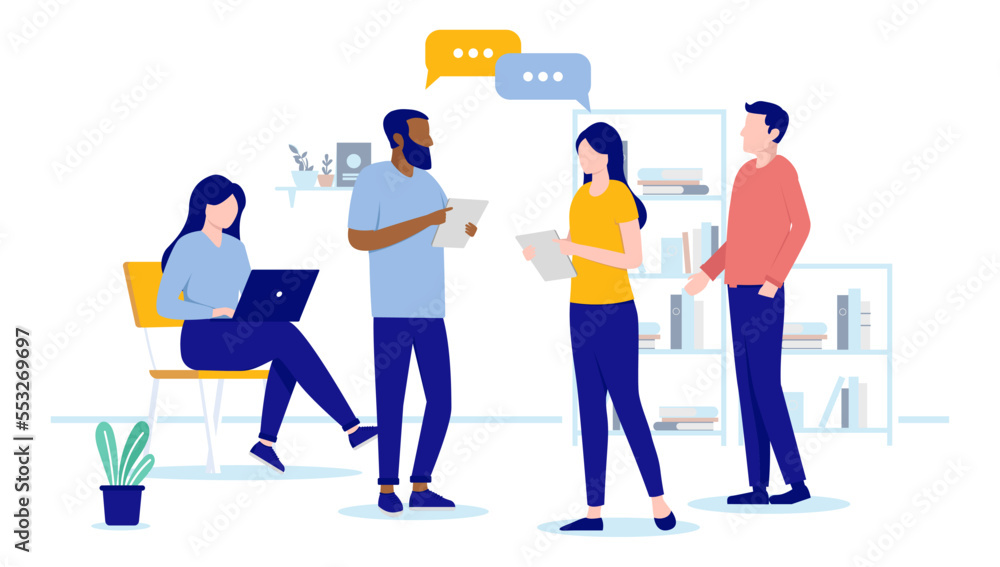 Fototapete Office people discussion - Group of vector characters talking and having conversation at work with speech bubbles. Flat design illustration with white background
