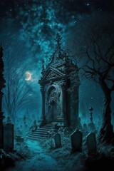 Halloween foggy night scene with cemetery, gothic thumb-stone. Generative ai. 
