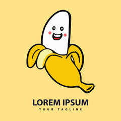 Banana cartoon mascot logo design. Flat style logo. Vector Icon Illustration. Fruit Icon Concept. Suitable for Web Landing Page, Banner, Sticker, Background.