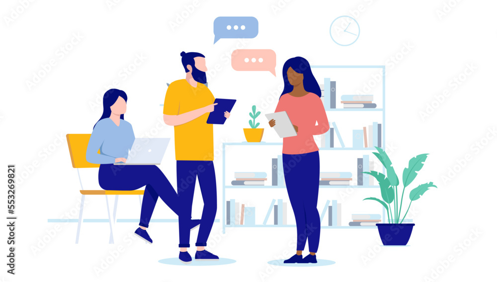 Poster Casual people in office working on computers, having discussion and talking. Flat design vector illustration with white background