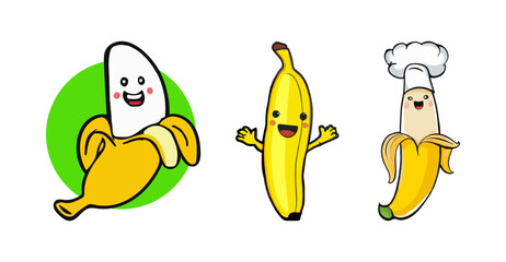 Banana cartoon mascot logo design. Flat style logo. Vector Icon Illustration. Fruit Icon Concept. Suitable for Web Landing Page, Banner, Sticker, Background.