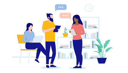 Casual people in office working on computers, having discussion and talking. Flat design vector illustration with white background