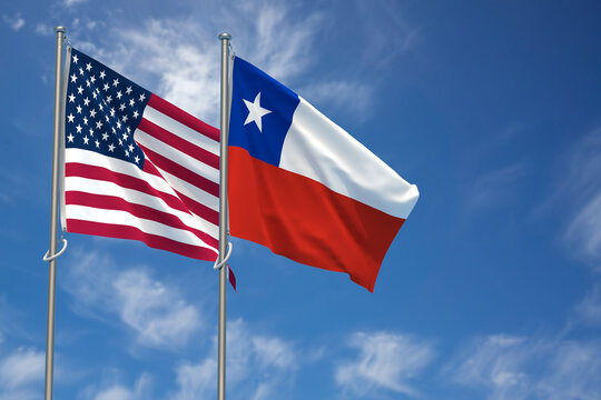 United States of America and Republic of Chile Flags Over Blue Sky Background. 3D Illustration