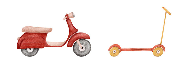 Set of red scooters isolated on a white background. . High quality illustration